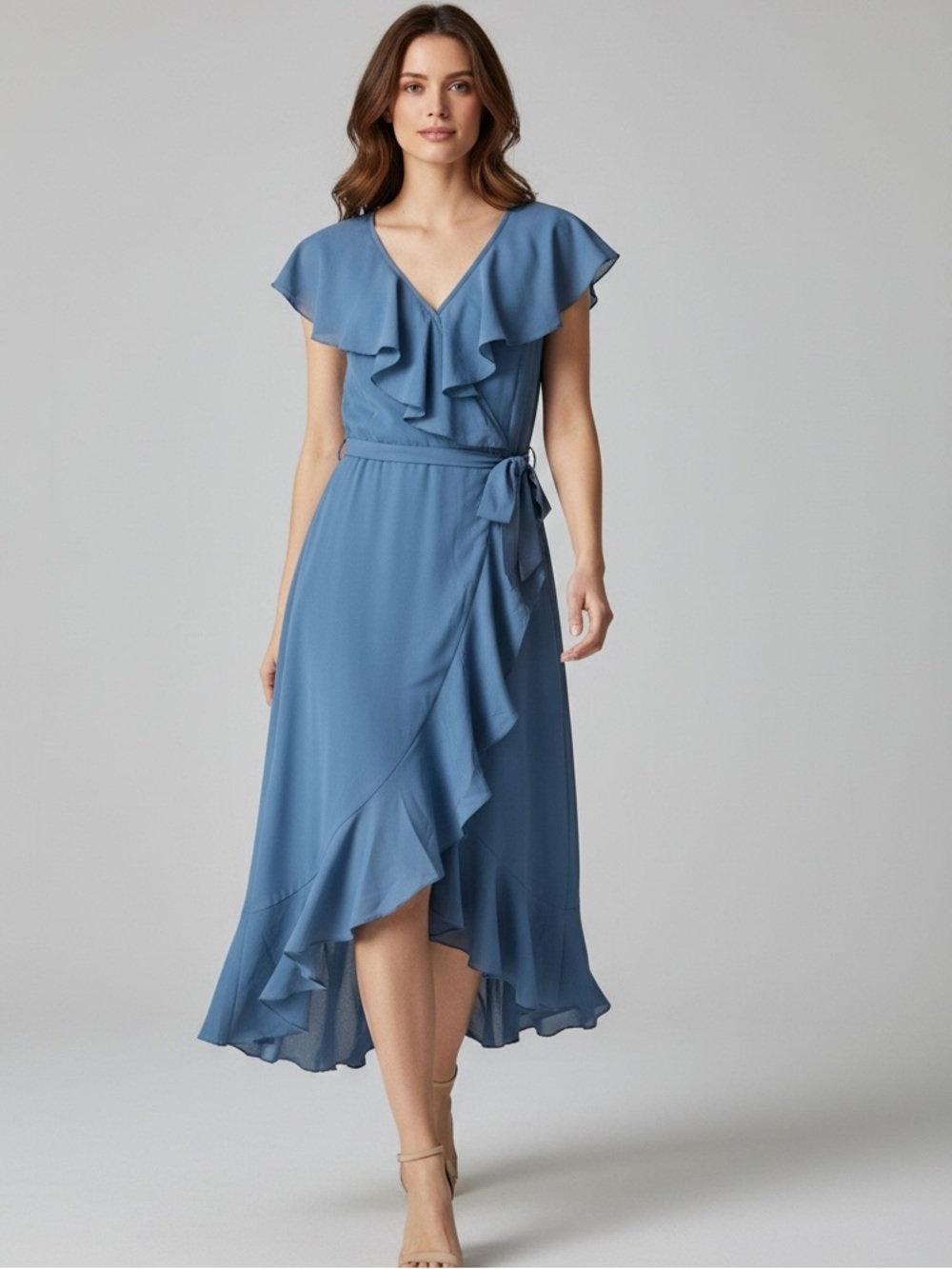 NWT Blue Ruffle Wrap Midi Dress with Tie Waist, XL - Picture 1 of 12